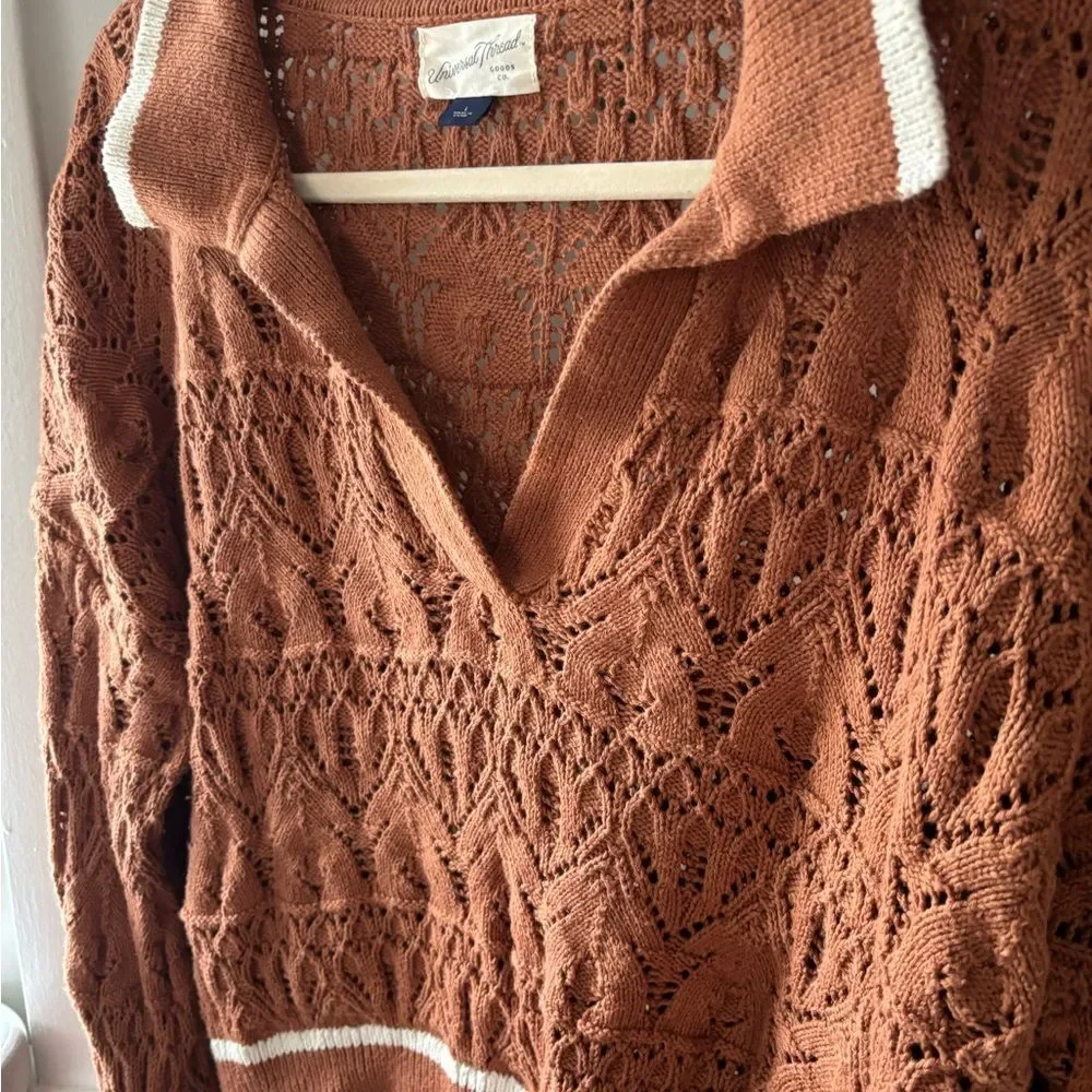 Universal Thread bohoWomen's Terracotta V-Neck collared crochet pullover Sweater
